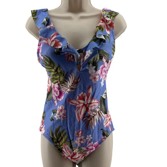 Kona Sol Over the Shoulder Ruffle High Coverage One Piece Swimsuit Womens M - Picture 2 of 8